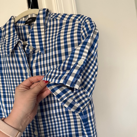 Theory Mayvine Dillon plaid linen-blend shirtdress blue white short sleeve - Picture 4 of 7